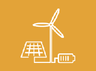 Icono de energ&iacute;a renovable: turbina e&oacute;lica, panel solar y bater&iacute;a sobre fondo naranja.